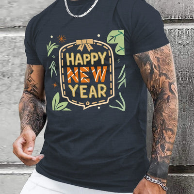 Spread Joy and Fashion with our Plus Size Men's Happy New Year Graphic Print T-Shirt