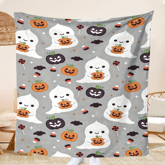 This soft, warm Halloween flannel blanket features a cheerful, cartoon print of a ghost, pumpkin and bat. Perfect for decorating a bed, couch, reading nook or kids' room this fall season. Enjoy a cozy holiday with this cheerful and spooky Halloween blanket.