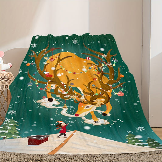 This luxurious cozy Christmas gift blanket features a cartoon reindeer pattern that is perfect for sacred dramas, bedtime stories, and all seasons. Its 100% ultra-soft polyester front and cozy fleece backing make it ideal for keeping warm year-round.