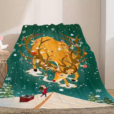 This luxurious cozy Christmas gift blanket features a cartoon reindeer pattern that is perfect for sacred dramas, bedtime stories, and all seasons. Its 100% ultra-soft polyester front and cozy fleece backing make it ideal for keeping warm year-round.
