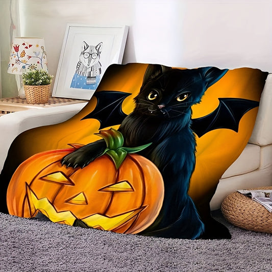 This snuggly Pumpkin & Black Cat Halloween Blanket will keep you comfy and cozy on spooky nights. Crafted with 100% Polyester fleece, this blanket is ultra-soft and lightweight, making it the perfect companion for chilly weather.