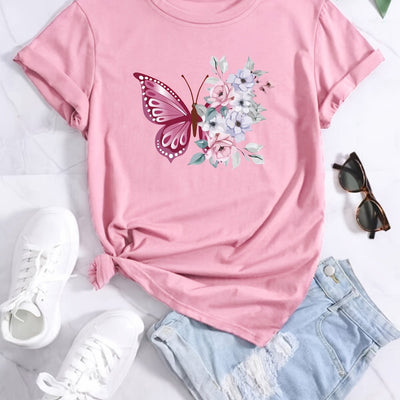 Floral Butterfly Delight: Women's Plus Size Short Sleeve T-Shirt with a Slight Stretch and Casual Tee