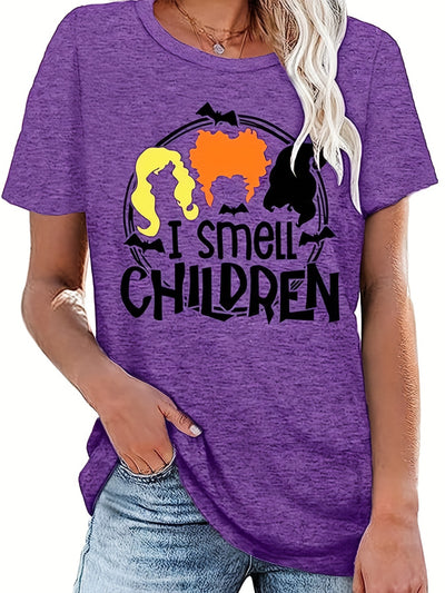 I Smell Chlldren Letter Print Crew Neck T-Shirt, Casual Short Sleeve Top For Spring & Summer, Women's Clothing