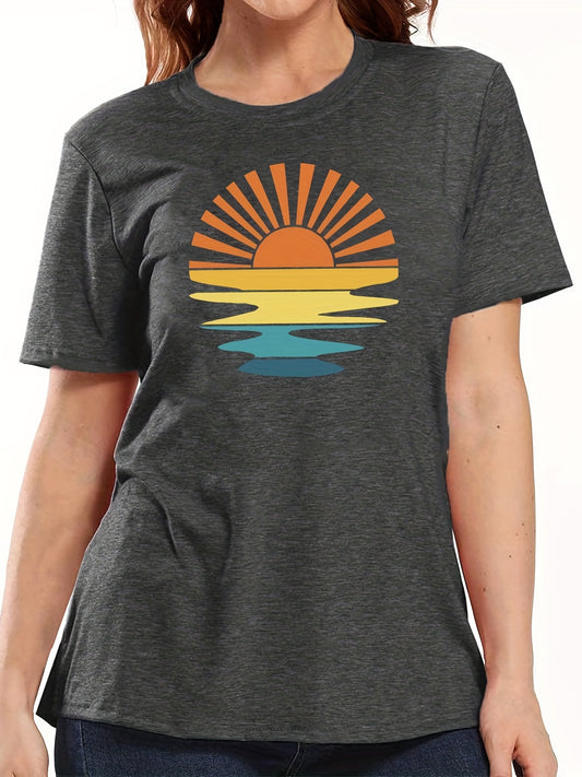 Get ready for your next beach vacation with our Sunset Paradise: Vacation Crew Neck Short Sleeve Print T-Shirt for Women. Made with comfortable materials, this t-shirt features a stunning sunset print on the front. Perfect for lounging or exploring, the crew neck and short sleeves offer a classic and versatile look.