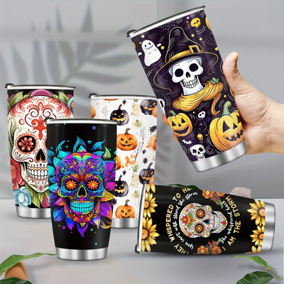 Spooky Delights: Halloween Skull Pumpkin Coffee Tumbler - Cold Insulated Coffee Cups for All-Season Sipping - 20oz Stainless Steel Travel Mug with Lid - Ideal Gifts for Skull Lovers and Friends