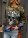 Halloween Shinny Floral & Skull Print Long Sleeve Round Neck Slight Stretch Pullover Top, Plus size halloween casual sweatshirt, Women's Clothing