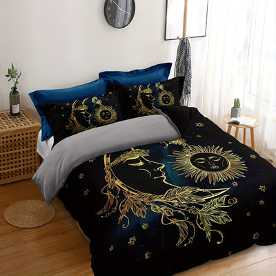 Golden Star and Sun Moon Duvet Cover Set: Luxurious and Cozy Bedding for Bedroom or Guest Room (1*Duvet Cover + 2*Pillowcases, Without Core)