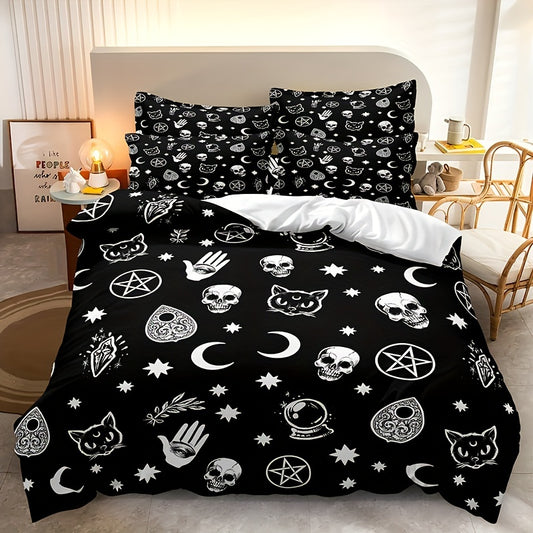 This Halloween duvet cover set offers a spooky yet stylish look. The set includes one duvet cover and two pillowcases, made of polyester fabric for a soft and comfortable feel. Its black color and eye-catching skull, Satan cat, and witchcraft printed design will make your bedroom the perfect atmosphere for the spookiest night of the year.