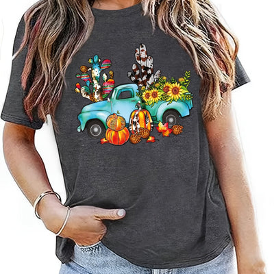 Colorful Plant & Truck Print Crew Neck T-Shirt, Casual Short Sleeve Top For Spring & Summer, Women's Clothing