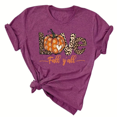 Pumpkin & Leopard Print Crew Neck T-Shirt, Casual Short Sleeve Top For Spring & Summer, Women's Clothing