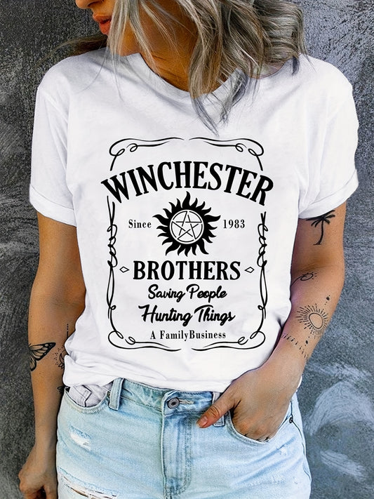 This Letter Winchester Print Graphic T-Shirt is perfect for spring and summer. Crafted from a lightweight and breathable material, this casual crew neck top is designed with a modern silhouette and subtle letter Winchester print to add a touch of style to your look. Perfect for any day of the week.