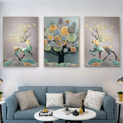 Gilded Prosperity: Frameless Abstract Chinese Feng Shui Golden Rich Tree Wall Art Canvas Painting for Living Room Décor