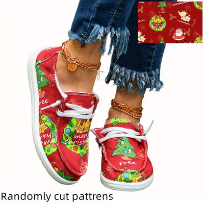 Christmas Spirit: Women's Festive Tree Print Canvas Shoes - Casual Slip-On Sneakers for a Stylish and Comfortable Holiday Look