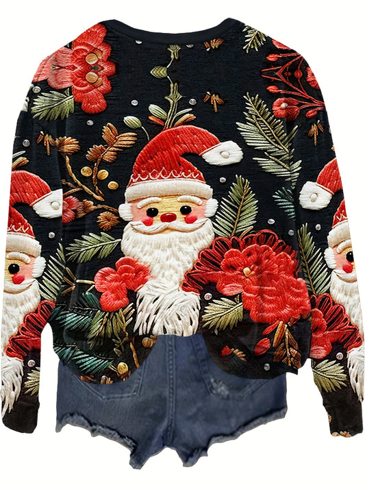Festive Vibes: Women's Christmas Allover Print Crew Neck Long Sleeve T-Shirt for Fall/Winter