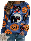 Halloween Horror Cat & Pumpkin Print Long Sleeve, Pullover Sweatshirt, Casual Tops For Fall & Winter, Women's Clothing, Halloween Sweatshirt