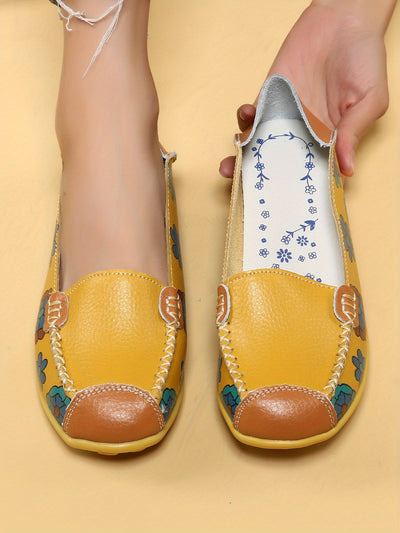 Stylish Women's Casual Yellow Flat Shoes with Flower Patterns: Lightweight and Comfortable Low Top Design