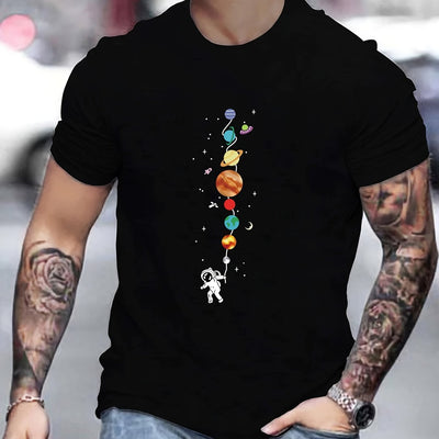 Exploring the Universe: Men's Casual Sports Loose T-Shirt with Solar System and Astronaut Graphic