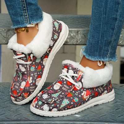 Warm and Festive: Women's Santa Claus Print Canvas Shoes - Casual Lace-Up Outdoor Shoes with Comfortable Plush Lining for a Cozy Christmas