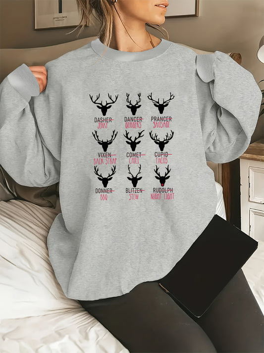 This stylish plus size sweatshirt features a trendy deer letter print, perfect for adding a touch of whimsy to your casual wardrobe. The long sleeve and round neck design provide comfort and versatility, making it a must-have for any plus size woman. Elevate your style with this chic pullover top.