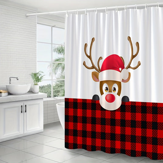 Update your bathroom for the holidays with this festive Christmas shower curtain. Featuring a whimsical cartoon deer design, and red and black plaid print, this polyester fabric curtain is both stylish and machine washable. Includes hooks for easy installation and the perfect addition to your Christmas decorations.