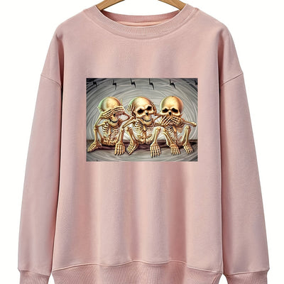 Skull Pattern Plus Size Halloween Sweatshirt: Casual and Stylish Women's Round Neck Long Sleeve Sweatshirt