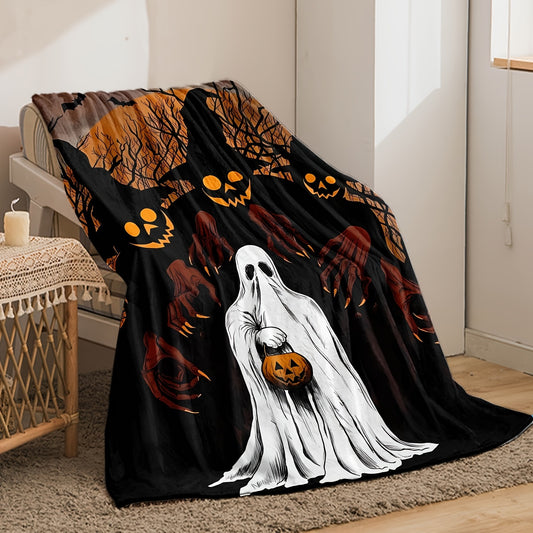Spooky Specter's Snuggle: Halloween Horror Ghost Print Blanket - Soft and Cozy Flannel Throw Blanket for Couch, Sofa, Office, Bed, Camping, and Travel - Versatile Multi-Purpose Blanket, Ideal Gift for All Seasons