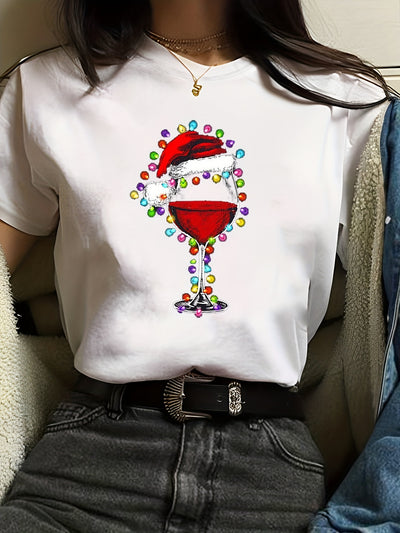 Christmas Bliss: Women's Casual Short Sleeve Wine Glass Print Crew Neck T-Shirt for Spring/Summer Styling