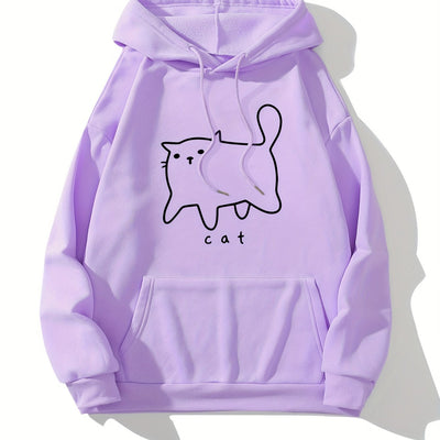 Stylish and Functional Cute Cat Print Hoodie - Women's Sweatshirt with a Versatile Drawstring Kangaroo Pocket