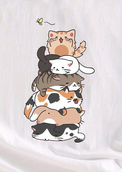 Stylish and Casual: Women's Cat Print Crew Neck T-Shirt - A Must-Have for Spring/Summer Fashion!