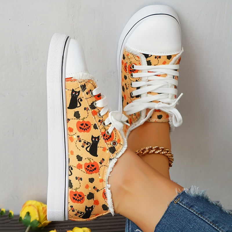 Women's Pumpkin & Cat Print Canvas Shoes, Casual Lace Up Outdoor Shoes,  Lightweight Low Top Halloween Shoes