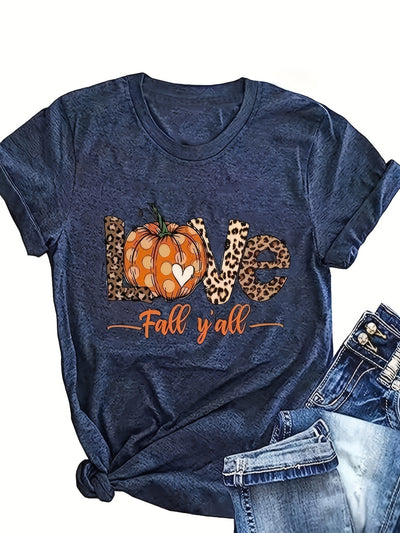 Pumpkin & Leopard Print Crew Neck T-Shirt, Casual Short Sleeve Top For Spring & Summer, Women's Clothing