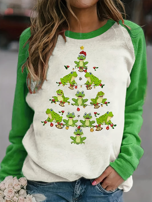 Stay stylish and comfy this holiday season with this Festive and Fun Women's Plus Size Christmas Tree Frog Print Raglan Long Sleeve Tshirt. Featuring a vivid and bold print of a festive tree frog, this soft and lightweight t-shirt ensures comfort and breathability. Perfect for any casual holiday occasions.