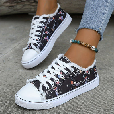 Halloween-Inspired Women's Skeleton Dance Pattern Sneakers: Lace-Up Low-Top Round Toe Non-Slip Shoes for Daily Comfy Outdoor Wear