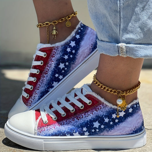 Glitter Star Pattern Women's Canvas Shoes - Casual Lace Up Outdoor Shoes for Independence Day