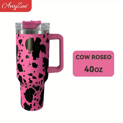 40oz Cow Series Print Stainless Steel Insulated Water Bottle - Tumbler With Handle, Straw & Lid - Perfect Birthday Gift & Home Kitchen Item!