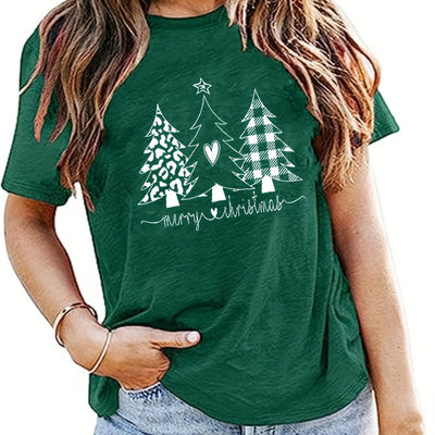 Festive Flair: Christmas Tree Print Crew Neck T-Shirt – A Stylish Casual Staple for Women's Spring/Summer Wardrobe