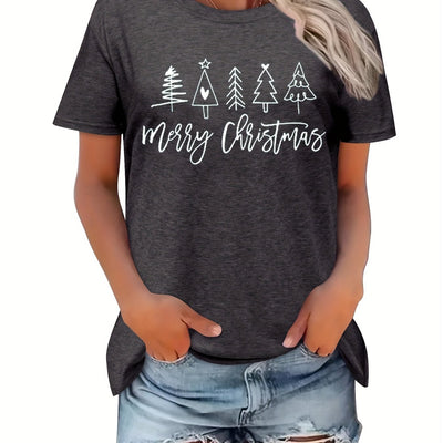 Festive Delight: Christmas Tree Print Crew Neck T-Shirt - A Casual and Stylish Addition to Your Spring/Summer Wardrobe