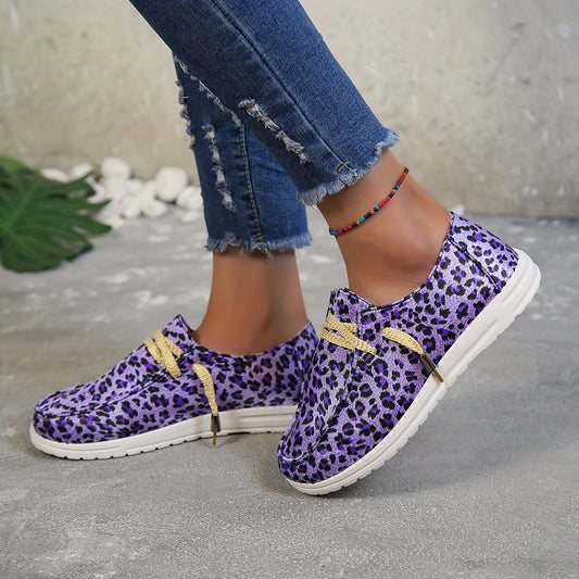 Stylish Purple Leopard Print  Women's Canvas Shoes - Lightweight and Comfortable Lace-Up Walking Shoes
