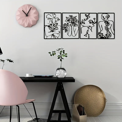 Minimalist Abstract Woman Wall Art: Stylish 4pcs Metal Art Line Drawings for Chic Home Décor