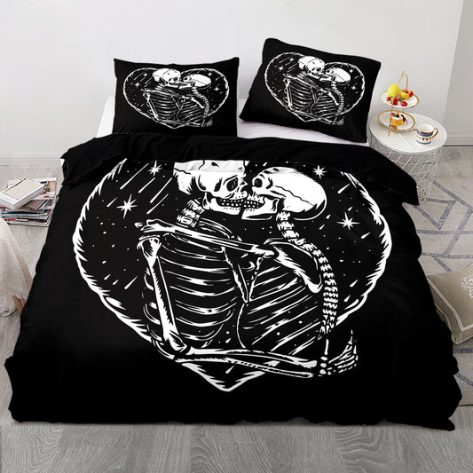 This Gothic Skull Print Duvet Cover Set is a stylish and comfortable addition to any bedroom. It comes with one duvet cover and two pillowcases, making it perfect for kids, guests, and masters alike. Crafted from luxurious, soft materials, this bedding set is designed to offer maximum comfort and durability.