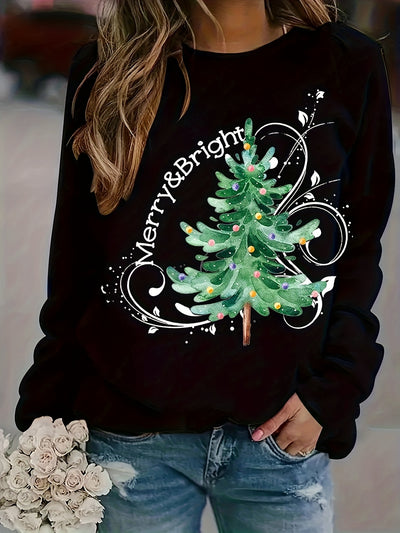 Achieve a fashionable holiday look with this Plus Size Christmas Sweatshirt. Featuring a festive Christmas Tree print on Long Sleeve Round Neck design, it offers slight stretch for a comfortable and flattering fit. Perfect for festive occasions and holiday parties.