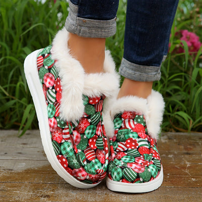 Warm and Festive: Women's Christmas Bell Print Snow Boots with Plush Lining for Winter Comfort