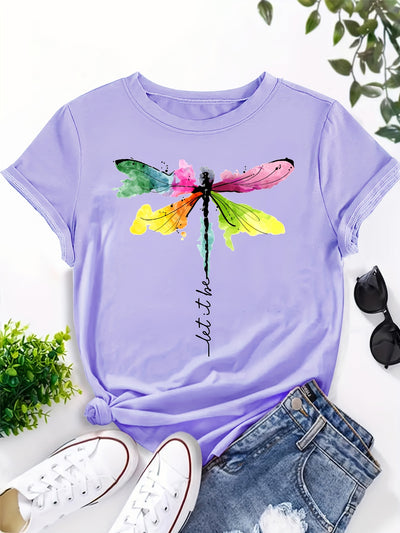 Colorful Dragonfly Print Crew Neck T-Shirt, Casual Short Sleeve T-Shirt For Spring & Summer, Women's Clothing