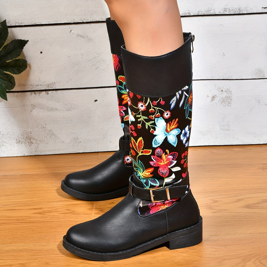 Vibrant Blooms: Women's Colorful Floral Print Slip-On Boots with Chunky Heel for Comfy Outdoor Style
