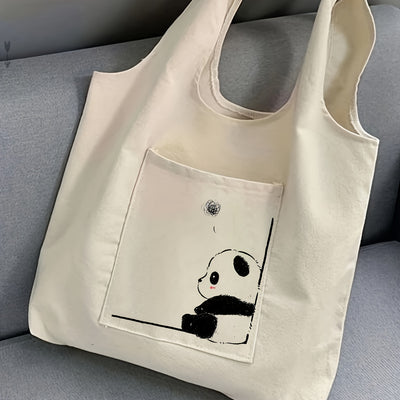 Stay Stylish and Sustainable with Our Panda Print Canvas Tote Bag - The Perfect Women's Leisure Shoulder Bag and Reusable Shopping Companion
