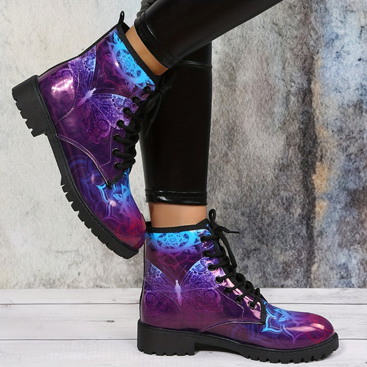 Stylish Women's Butterfly Print Ankle Boots: Fashionable Lace-up Combat Boots for a Trendy and Comfy Look
