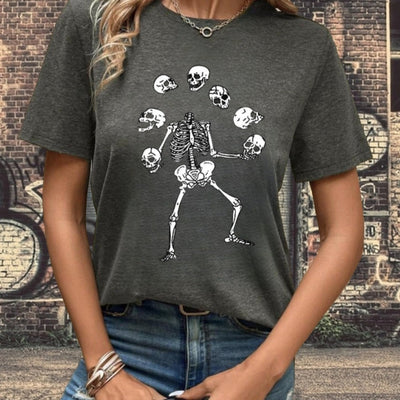 Spooky Chic: Skull Head Halloween Printed T-Shirt - Summer Casual, Loose Fit Round Neck Short Sleeve Top - Women's Clothing Collection