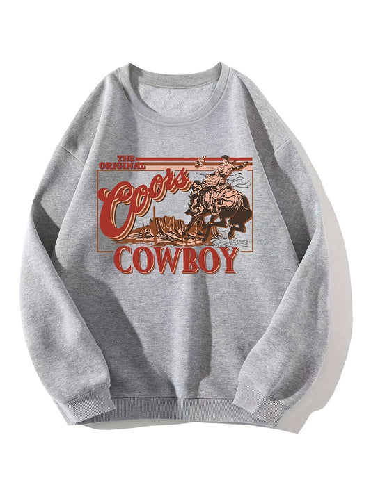 Cowboy Print Pullover Women's Sweatshirt, Casual Long Sleeve Crew Neck Sweatshirt For Spring & Fall, Women's Clothing