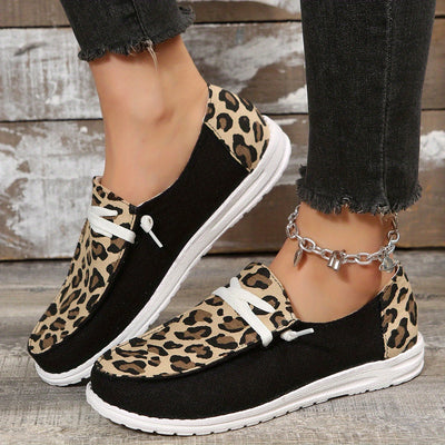 Stylish Leopard Series Pattern Canvas Sneakers for Women - Comfortable Low Top Flats with Lace-Up Closure