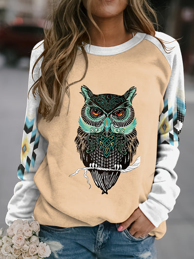 Owl Geometric Print Plus Size Casual Sweatshirt: Stylish and Cozy Plus Size Women's Clothing for Fall/Winter